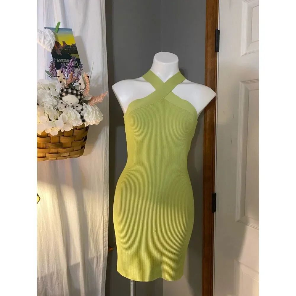 Sincerely Jules Sleeveless Lime Green Ribbed Halter Bodycon Dress